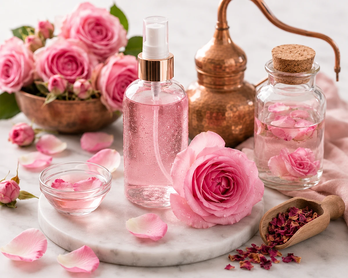 دو شیشه حاوی گلاب در کنار چند گل