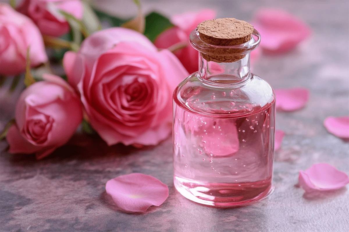 شیشه گلاب که در کنار آن چند گل افتاده است
